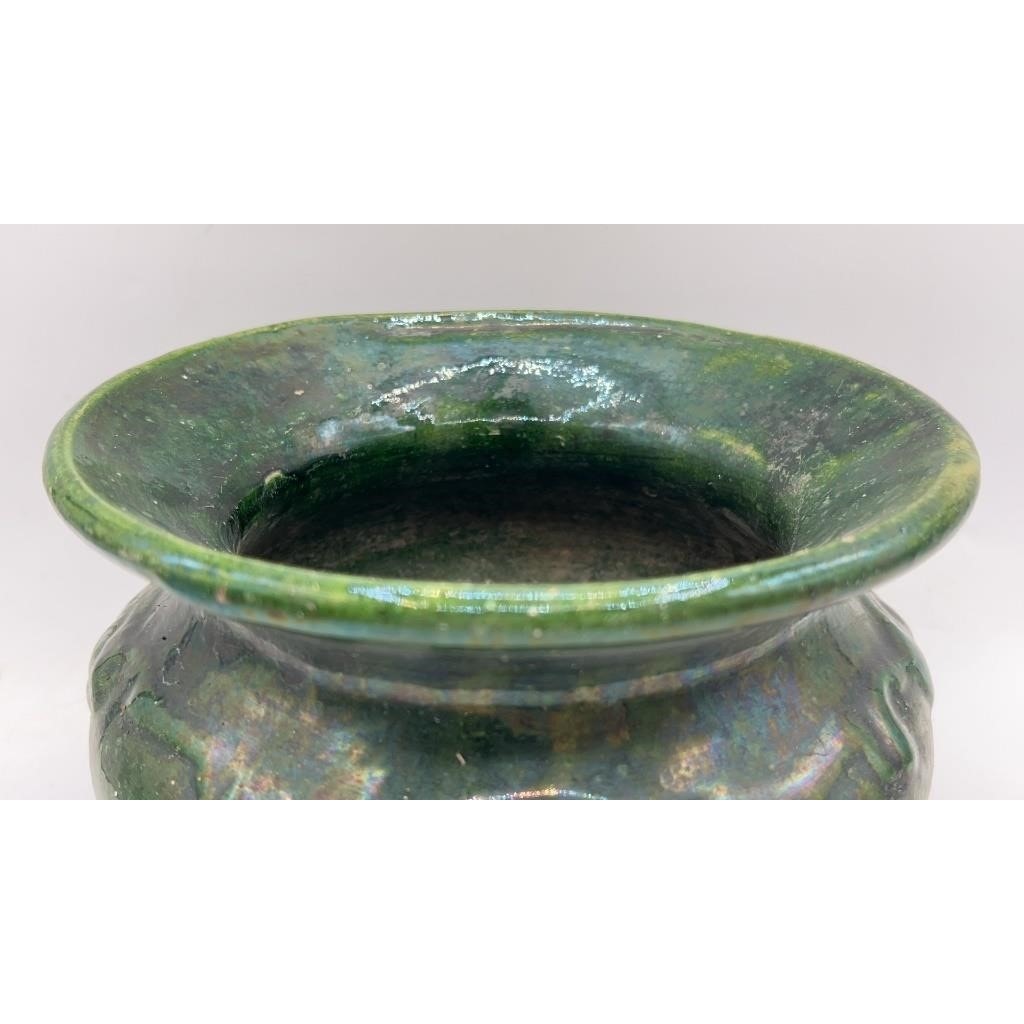 VTG Green Glazed Pottery Spittoon Vine & Floral Pattern 7.5" x 5"