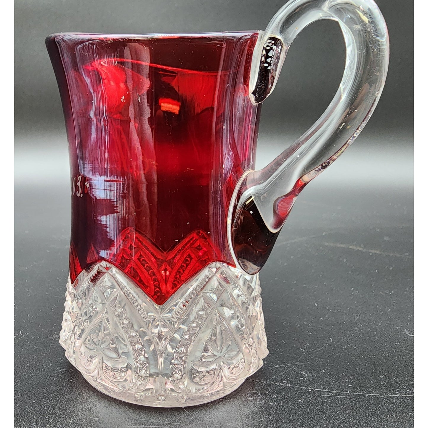 1903 Ruby Stained Cut Glass Pitcher Souvenir Etched Name 4.25” Antique