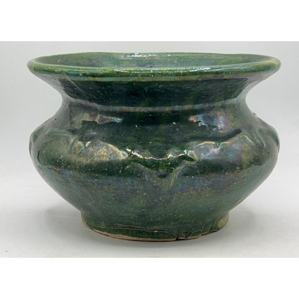 VTG Green Glazed Pottery Spittoon Vine & Floral Pattern 7.5" x 5"