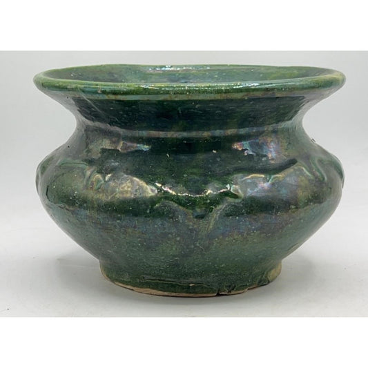 VTG Green Glazed Pottery Spittoon Vine & Floral Pattern 7.5" x 5"