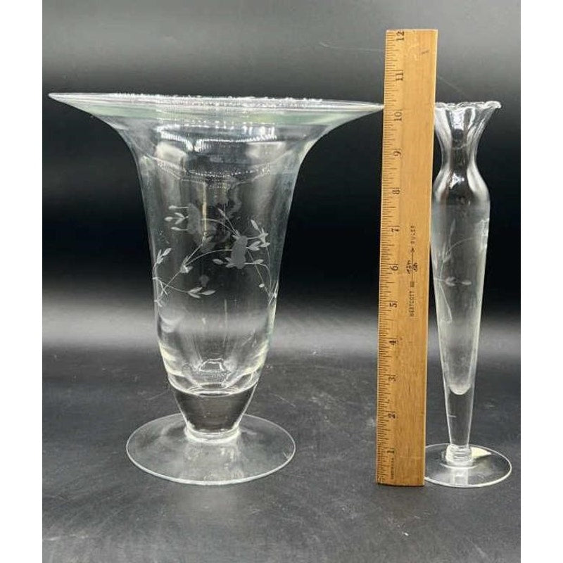 Princess House Heritage Crystal Vases Flared & Bud Etched Flowers Vintage