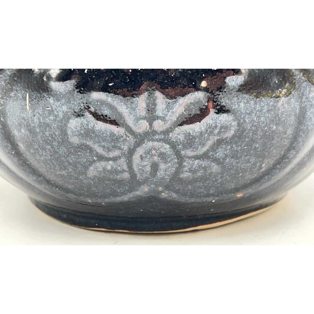 VTG Glazed Stoneware Spittoon Floral Pattern 7" Dark Glaze w/ Repair