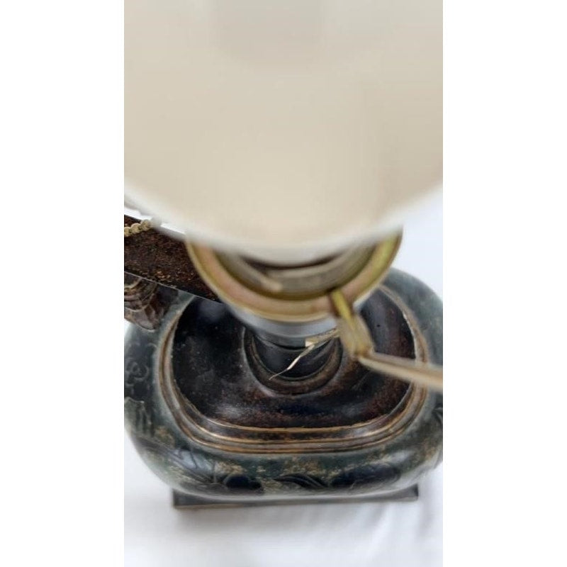 Vintage Ceramic Table Lamp Etched Floral w/ Shade & Ornate Pull Chain 18"