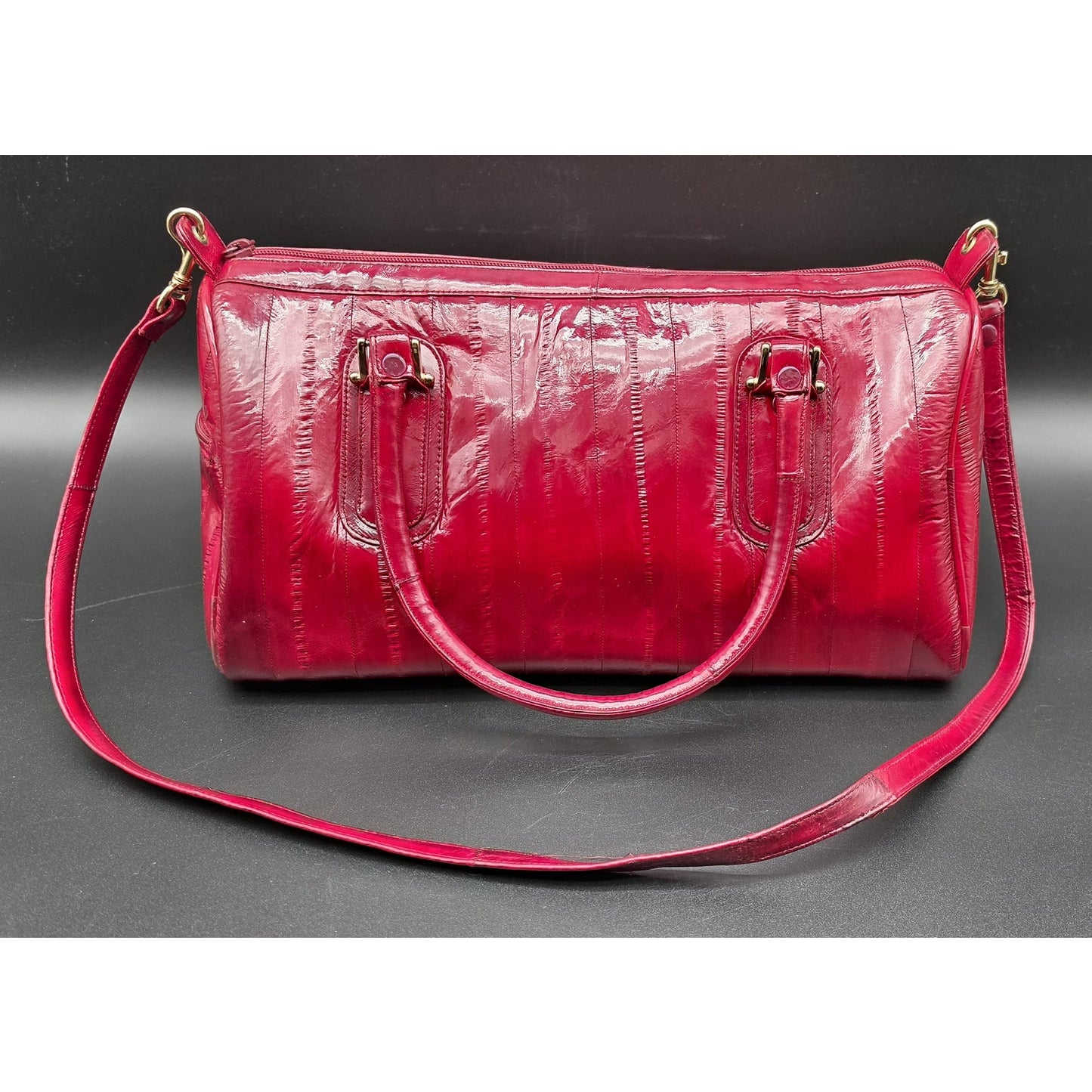 Vintage Genuine Eel Skin Burgundy Handbag Korea w/ Strap & Brass Hardware