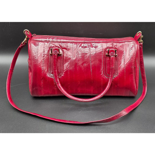 Vintage Genuine Eel Skin Burgundy Handbag Korea w/ Strap & Brass Hardware