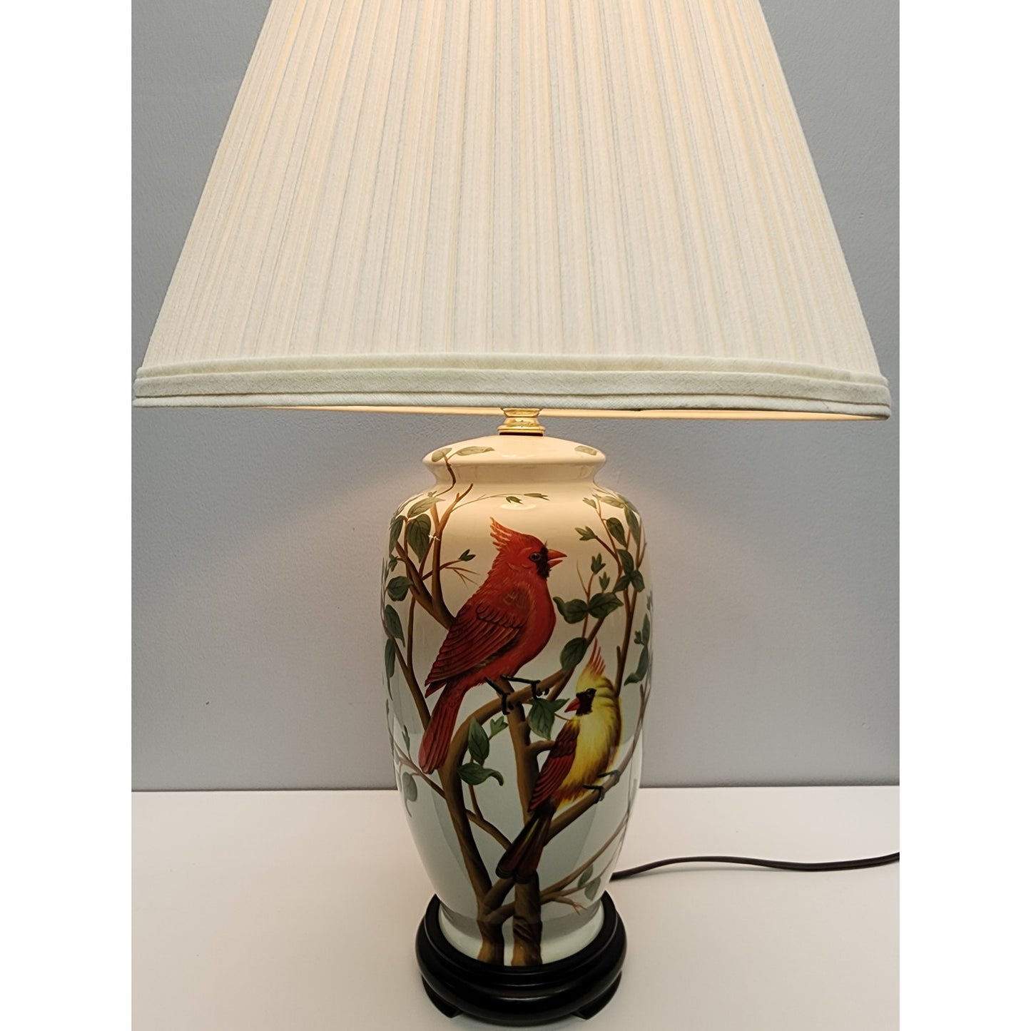 Vintage Ceramic Bird Lamp 24.5" – Cardinal & Goldfinch – Tree Finial, Wood Bas