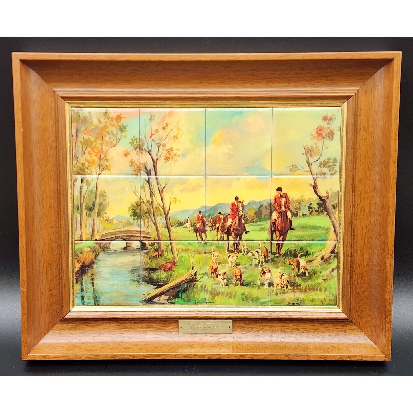 Vintage J. Pifarré “Hunt in the Park” 12‑Tile Mosaic in Wood Frame 14.25x11.75