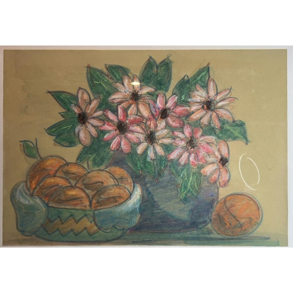 Ronald David Thompson Watercolor Still Life Flowers & Oranges Ornate Gold Frame