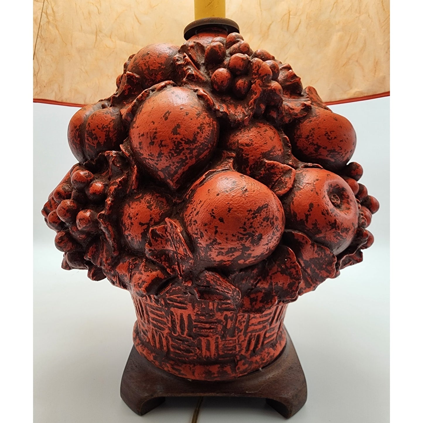 VTG 31" Fruit Basket Table Lamp w/ Floral Shade 42 lb Concrete Body Brass Finial