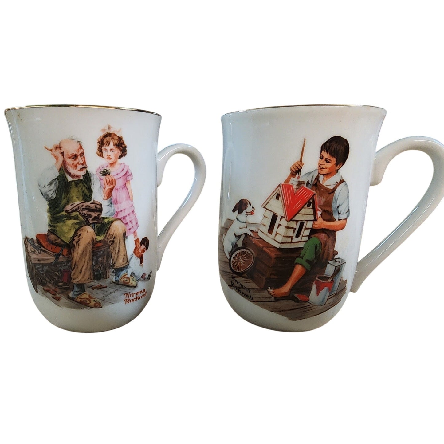 Norman Rockwell Museum Coffee Mug Cup Glasses (1982) Gold Trim - VINTAGE - 8 Pc (Rare)