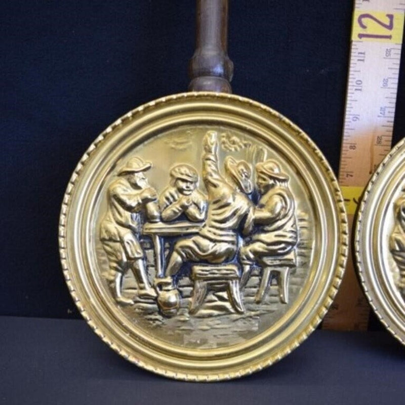 Vtg Pair British Brass Bed Warmers w/ Wooden Handles Pub Bar Scene - England