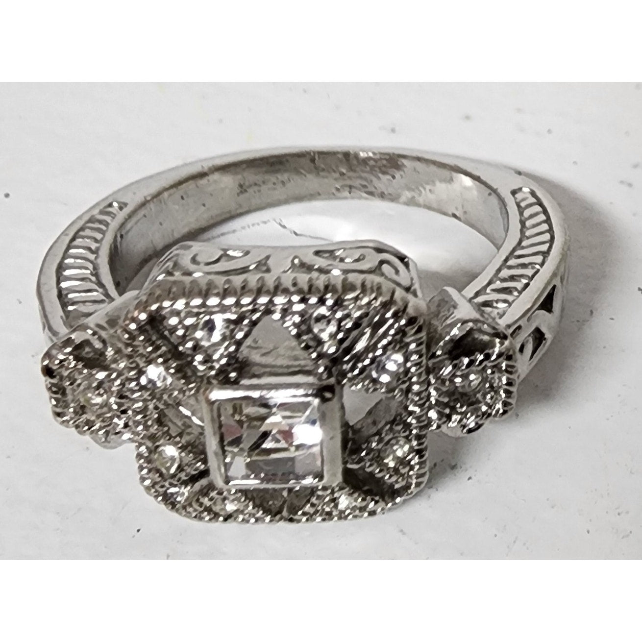 Vintage Silver Ring Size 9.75 w/ Box – Square Cut Clear Stone & Filigree Design