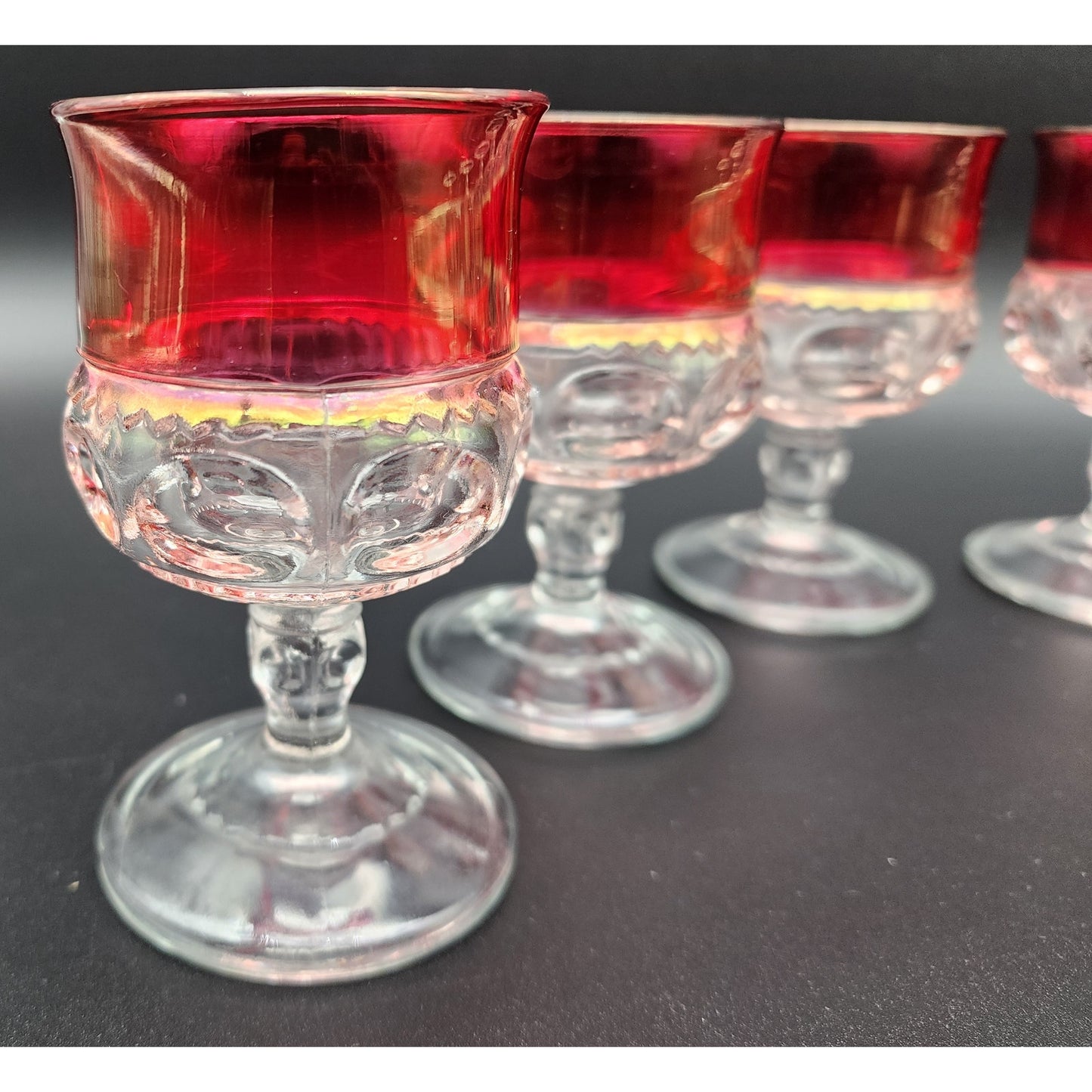 8 Kings Crown Thumbprint Ruby Flash Goblets 4.3" Vintage Glass Set