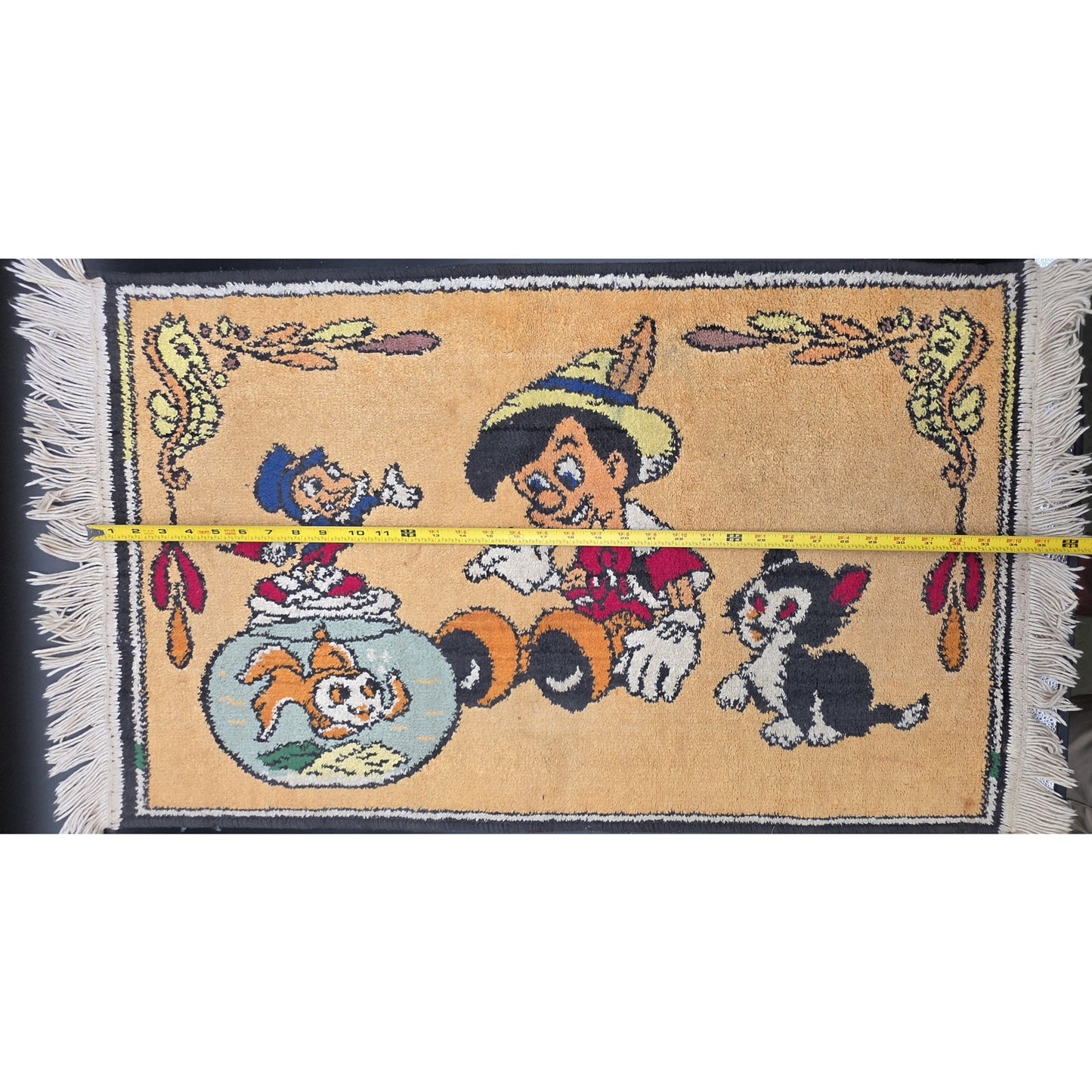 Vintage Disney Pinocchio & Friends Tapestry Rug w/ Fringe 21x34.5
