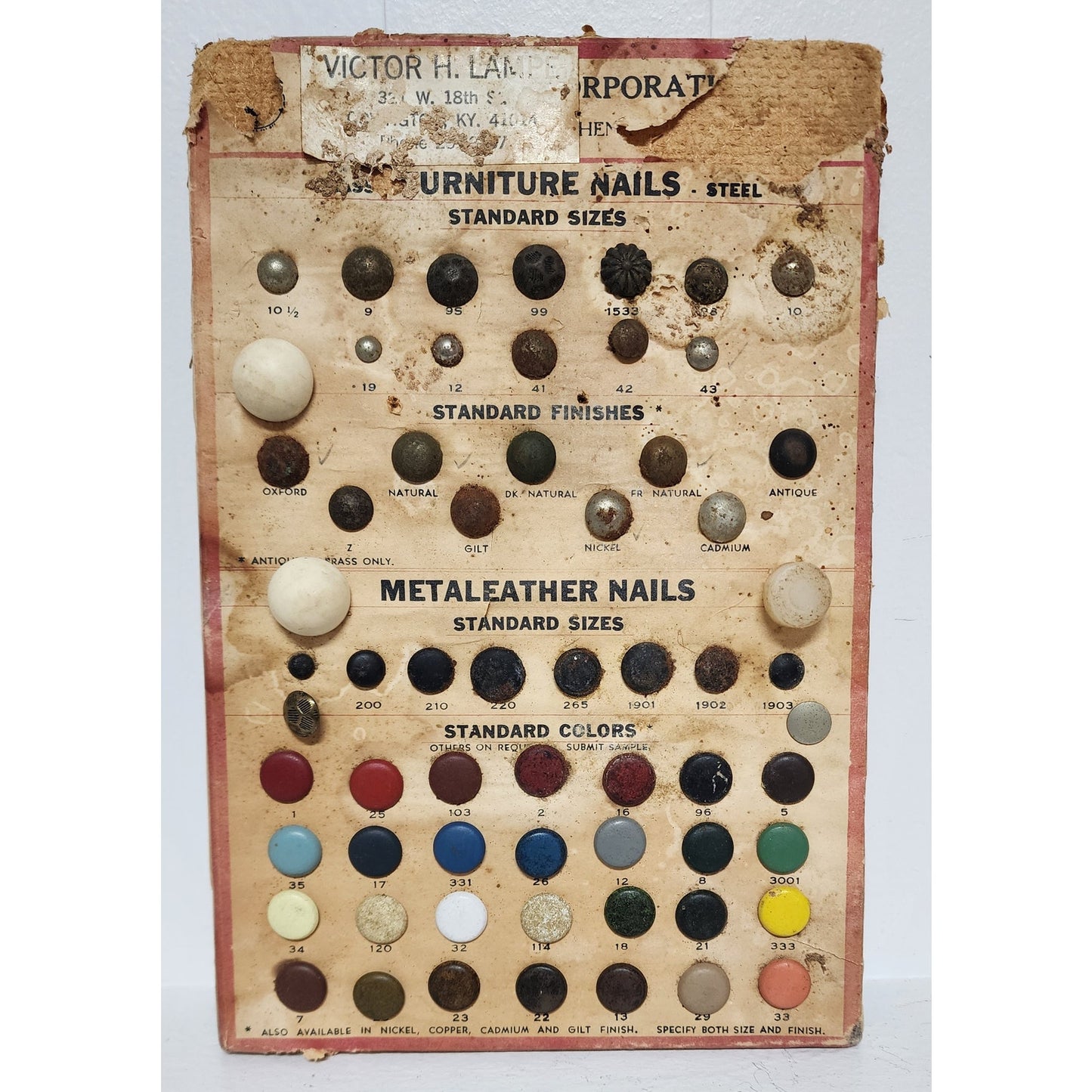 Vintage Victor H. Lampe Furniture Nail Sample Card Covington KY Upholstery