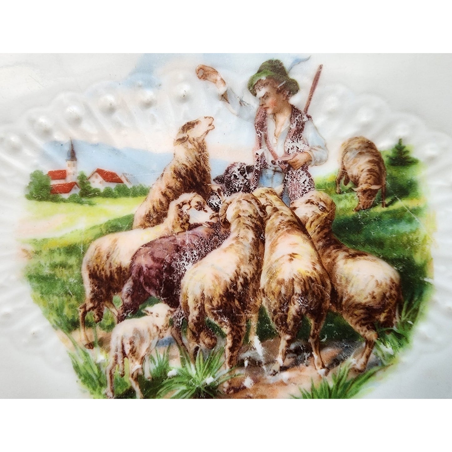 VTG Hand Painted Porcelain Tray Shepherd Boy w/ Sheep Roses Border Scalloped 9"