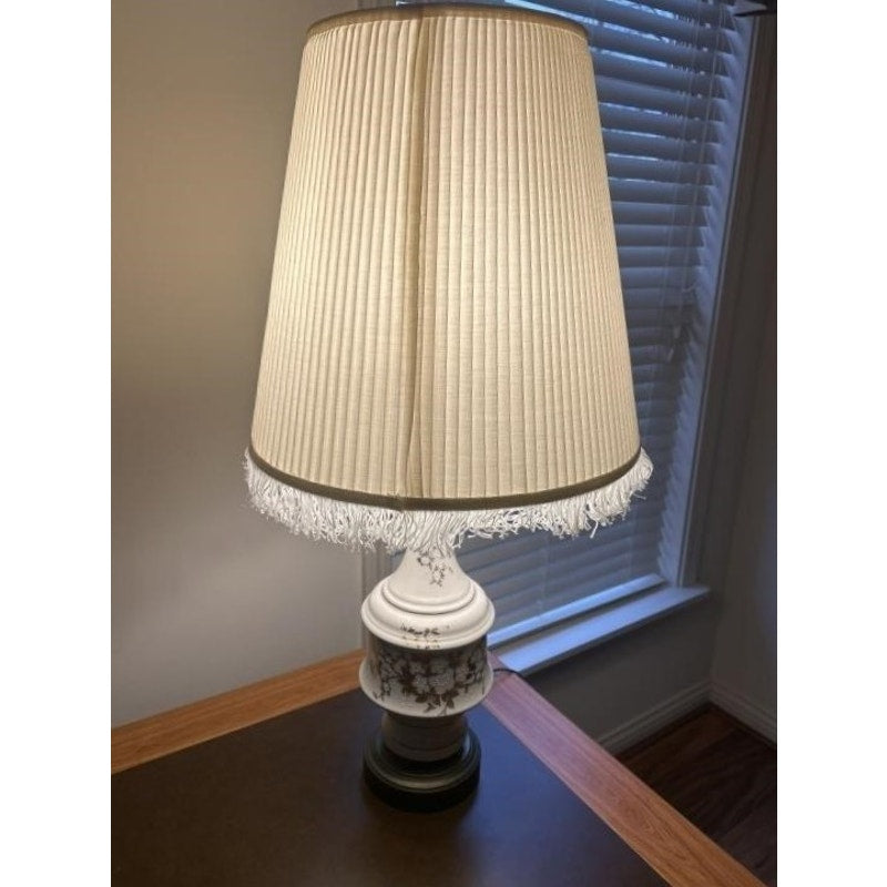 Vintage Asian Ceramic Lamp Gold Floral Relief w/ Tassel Shade 31" Tall Works