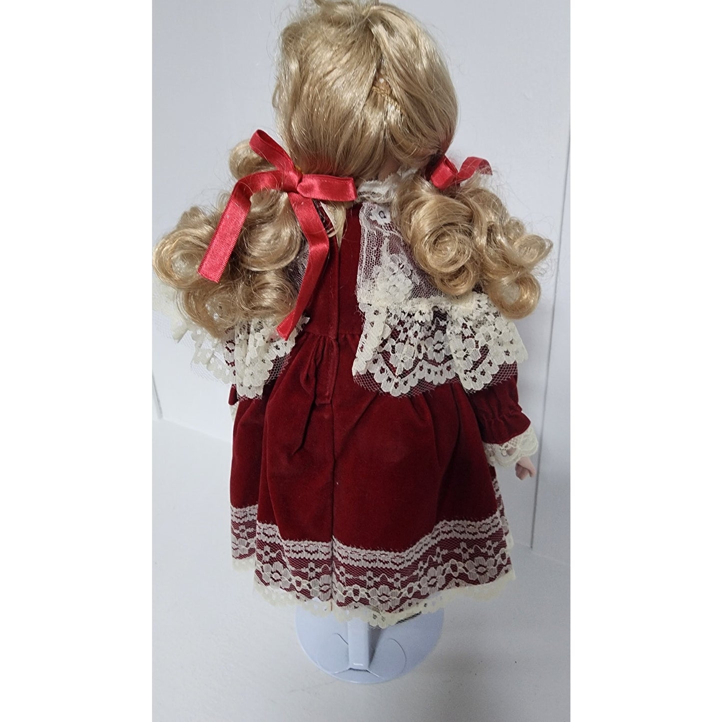 Vintage Tender Hearts Porcelain Doll No. 594 Red Velvet Lace Dress w/ Stand