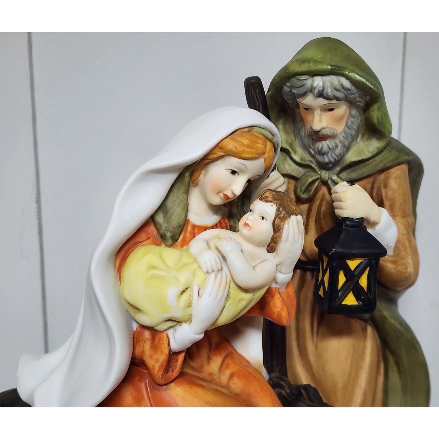 Vintage Holy Family Figurine Mary Joseph Baby Jesus Hand Painted 10.75" Heavy