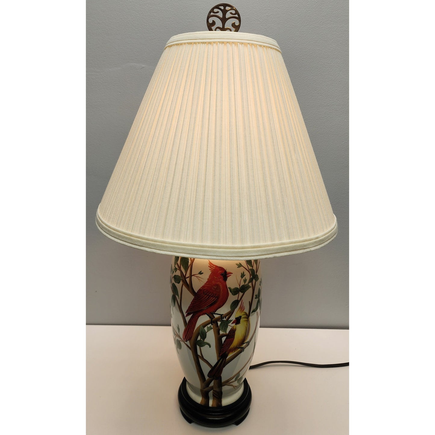 Vintage Ceramic Bird Lamp 24.5" – Cardinal & Goldfinch – Tree Finial, Wood Bas