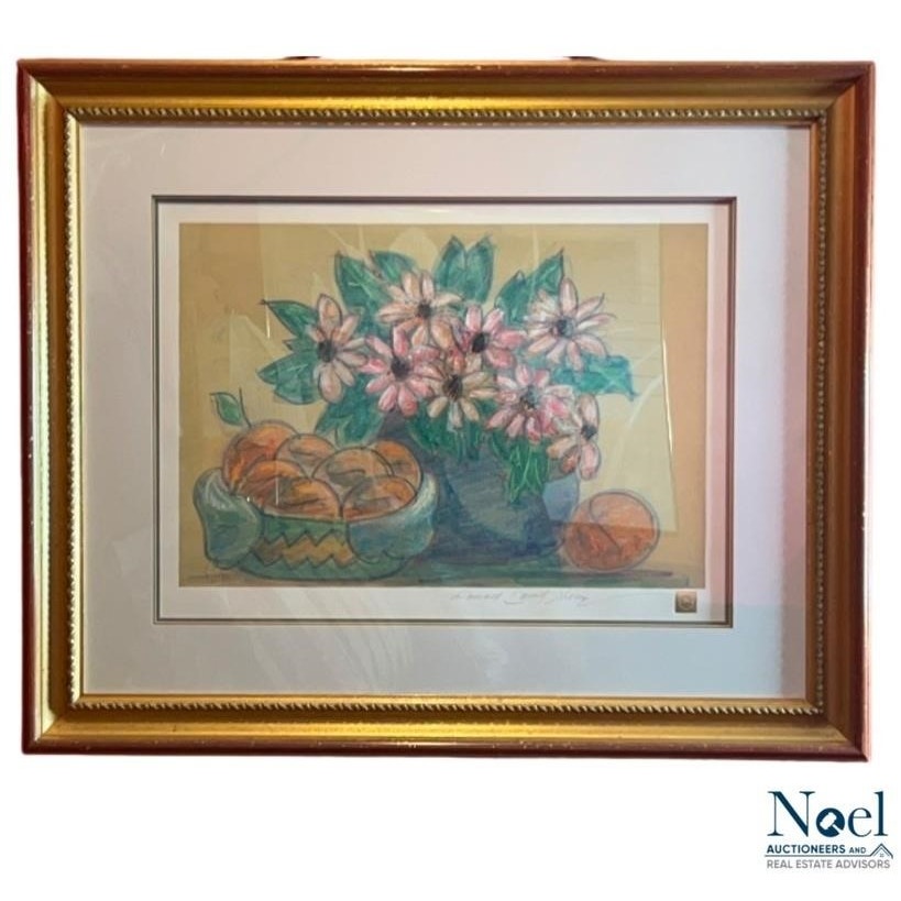 Ronald David Thompson Watercolor Still Life Flowers & Oranges Ornate Gold Frame