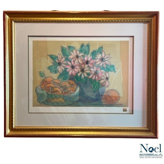 Ronald David Thompson Watercolor Still Life Flowers & Oranges Ornate Gold Frame