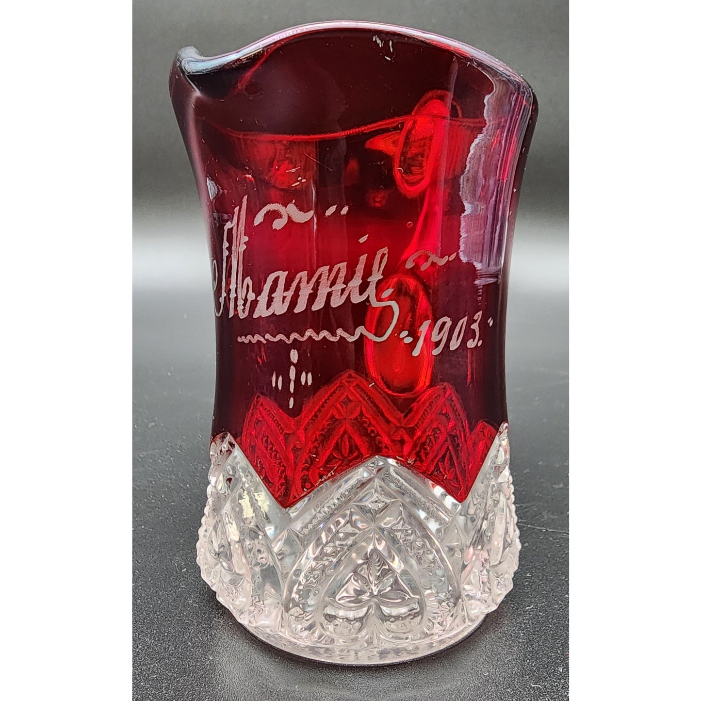 1903 Ruby Stained Cut Glass Pitcher Souvenir Etched Name 4.25” Antique