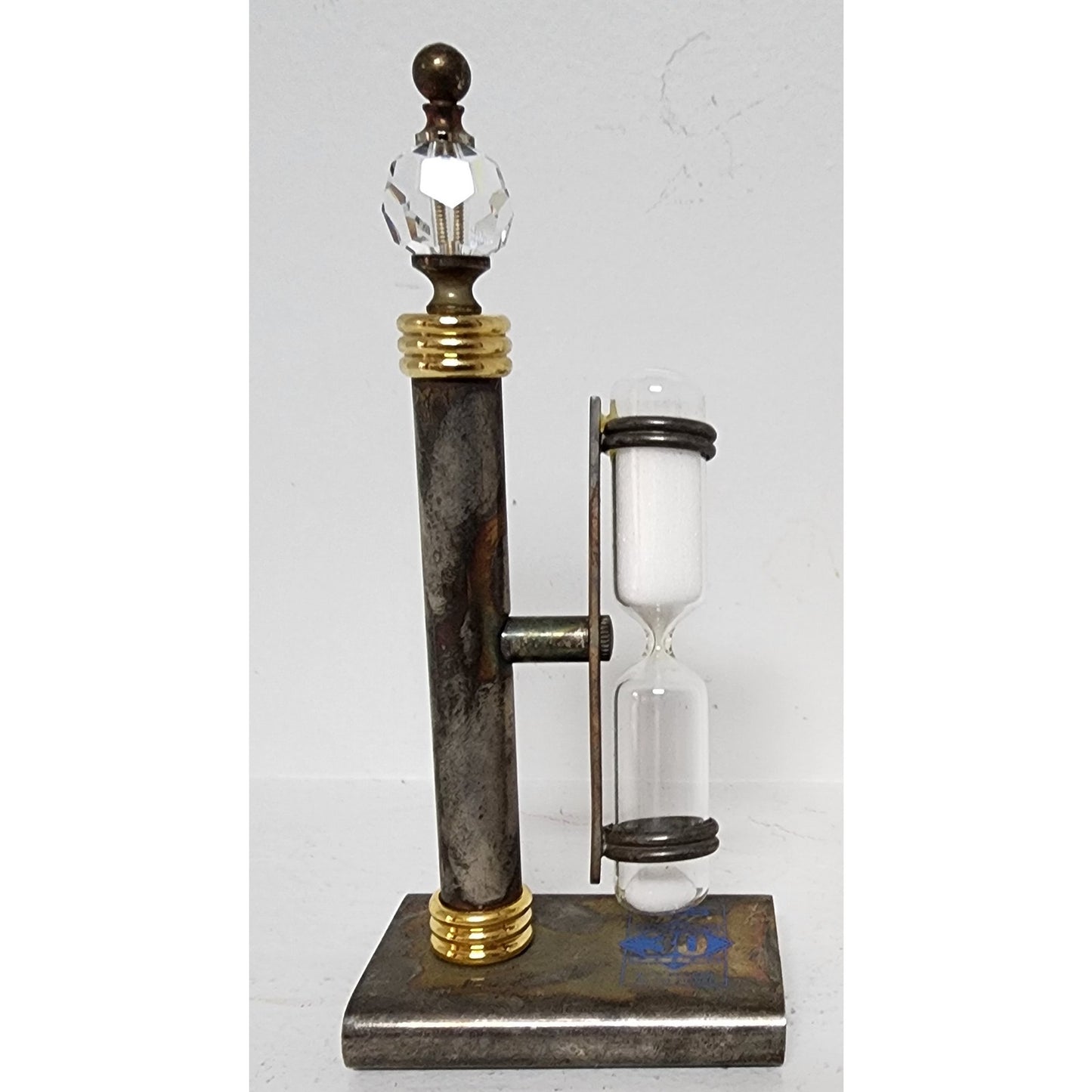 Vintage Brass Hourglass Timer on Stand – 3‑Min Promo Piece, Crystal Finial
