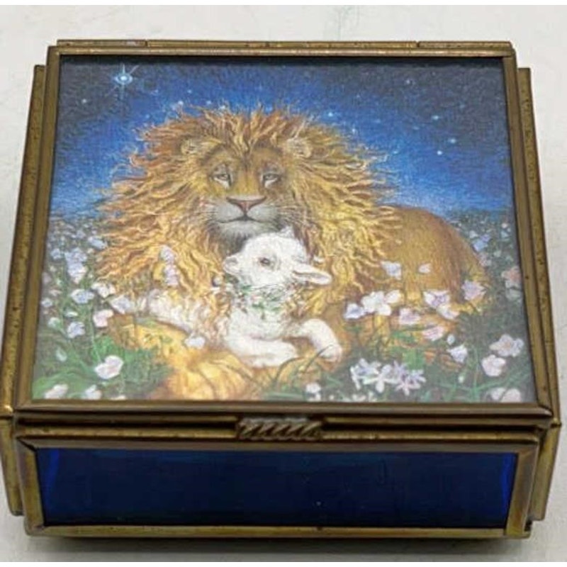 Vintage Lion & Lamb Jewelry Box – Cobalt Glass, Mirror, Via Vermont Mexico 1995