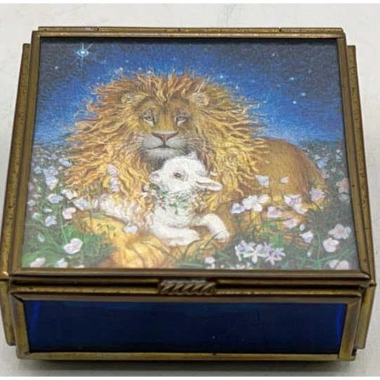Vintage Lion & Lamb Jewelry Box – Cobalt Glass, Mirror, Via Vermont Mexico 1995