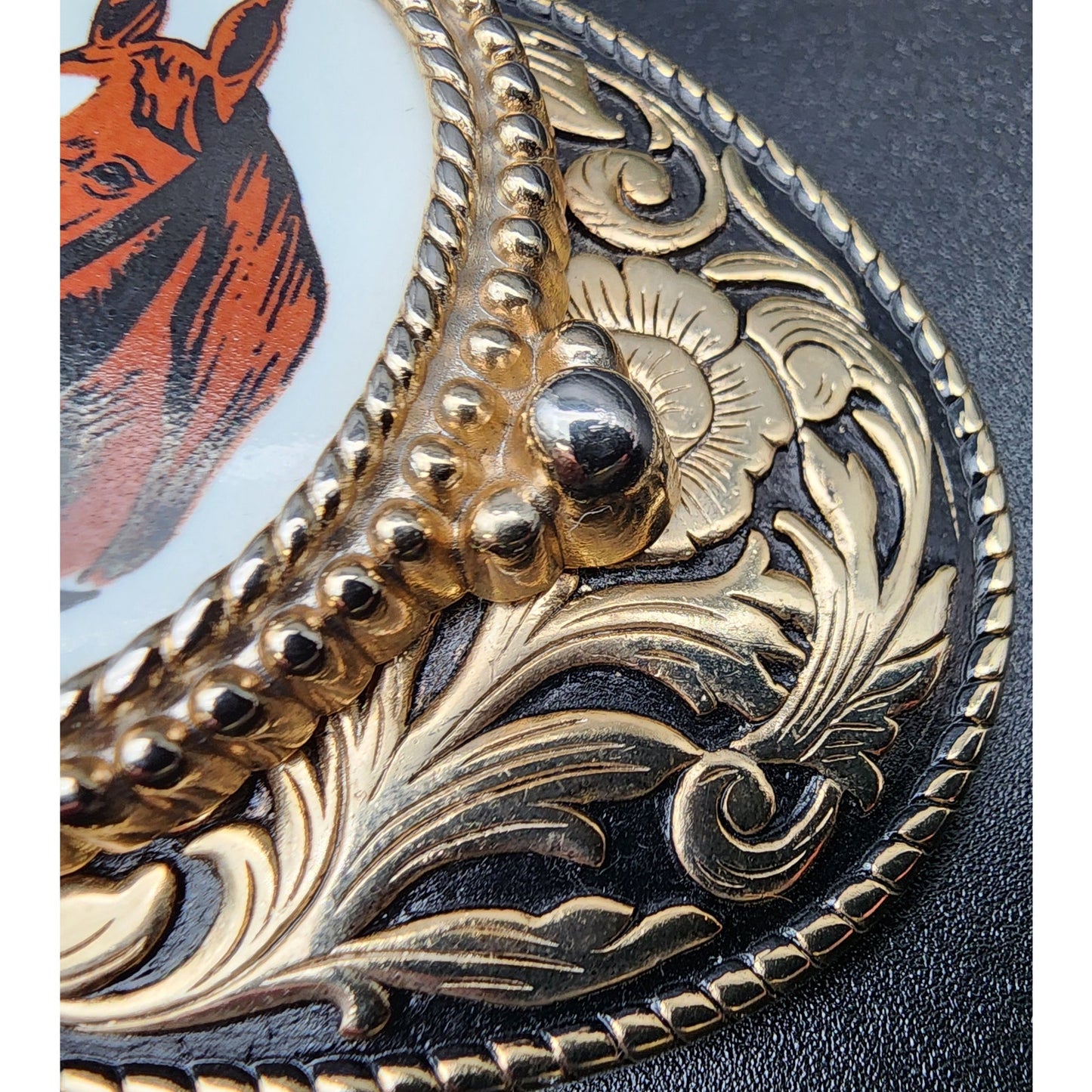 Vintage Brass Horse Head Belt Buckle with Porcelain Cameo 3.25" Western