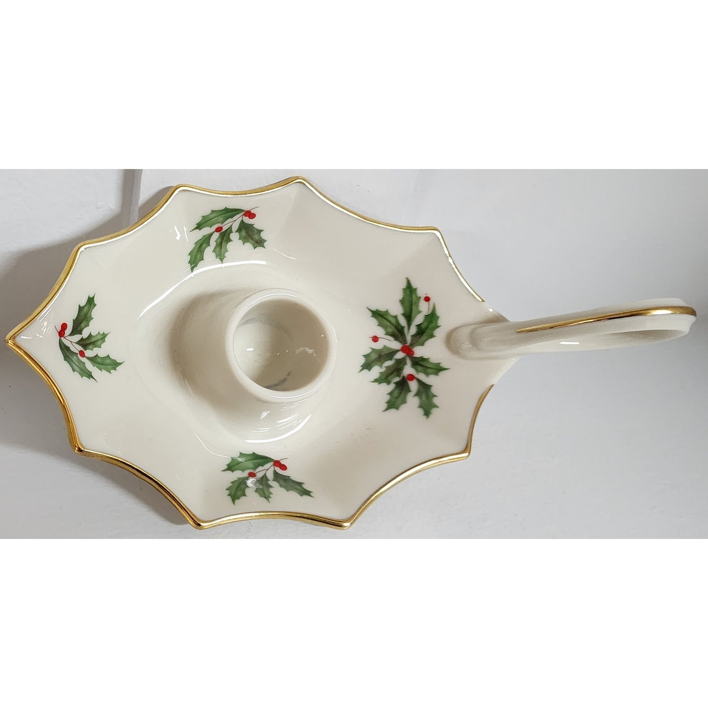 Lenox Holiday Candle Holder Ivory Porcelain 24K Gold Rim Holly Berry Design