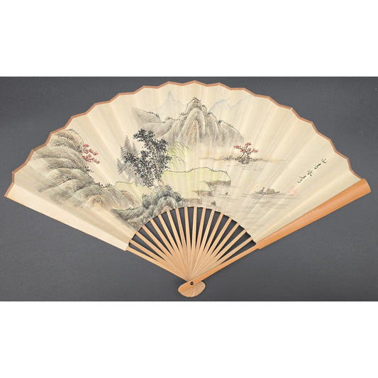 Vintage Chinese Hand Painted Landscape Folding Fan Calligraphy Poem Bamboo Frame