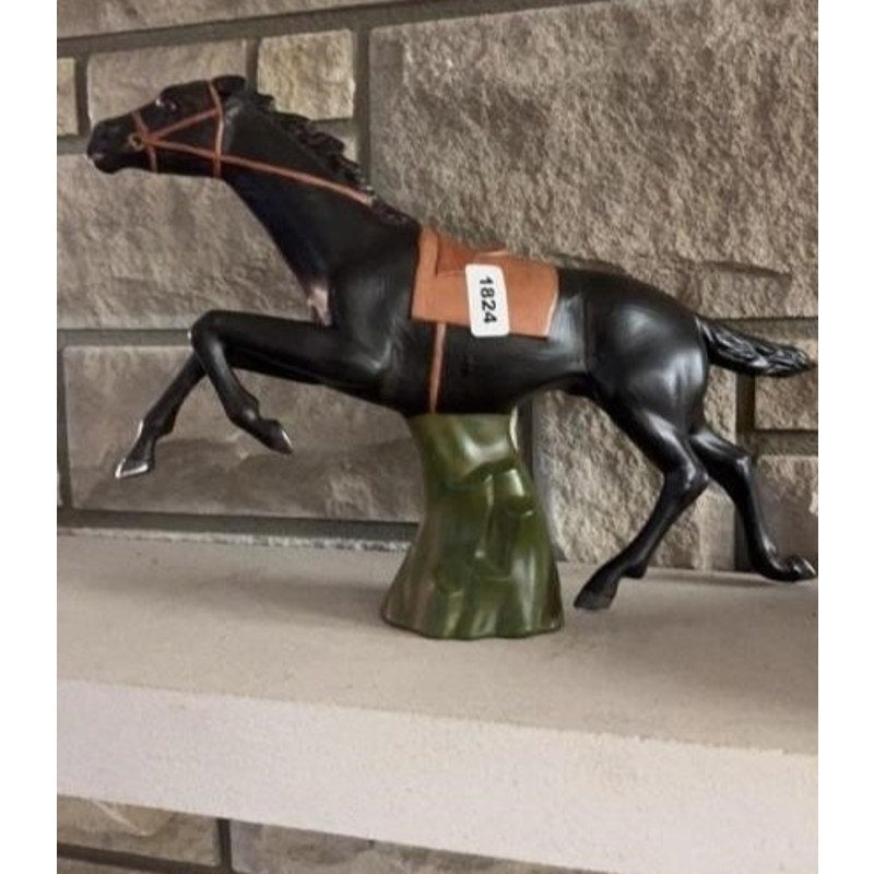 Hand Painted Ceramic Horse Figurine Running Action Black w/ Saddle 15.5”