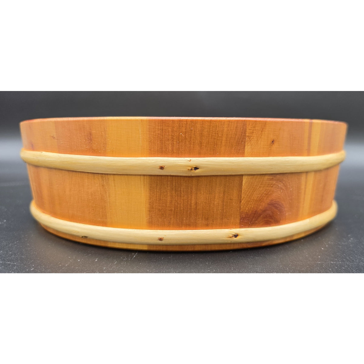 Vintage Japanese Wood Hangiri Sushi Oke Basin Bowl 10" Tray Bamboo Hoops Signed