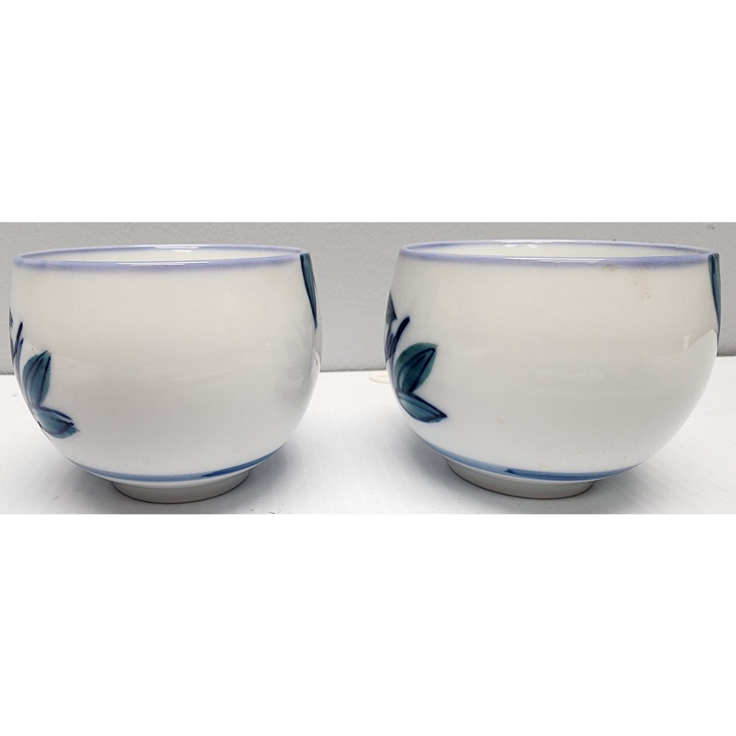 Vintage Japanese Porcelain Rice Bowls Set of 2 Blue Rim Hand Painted 3" Heavy