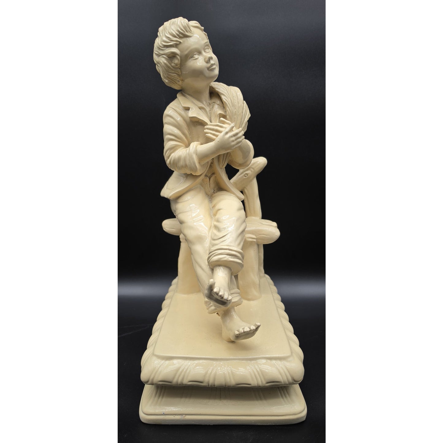 Vintage Pale Yellow Alabaster Boy Sculpture on Rustic Bench 18.5" 11 lbs