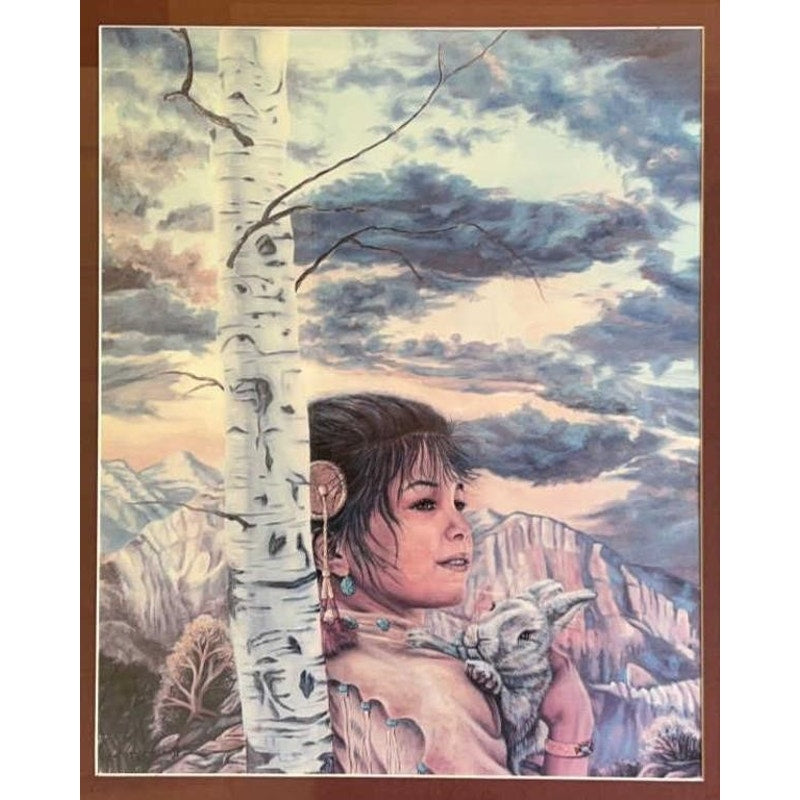 Vintage Jonnie’ Ko Kostoff Signed Serigraph Native American Girl w/ Rabbit 1990