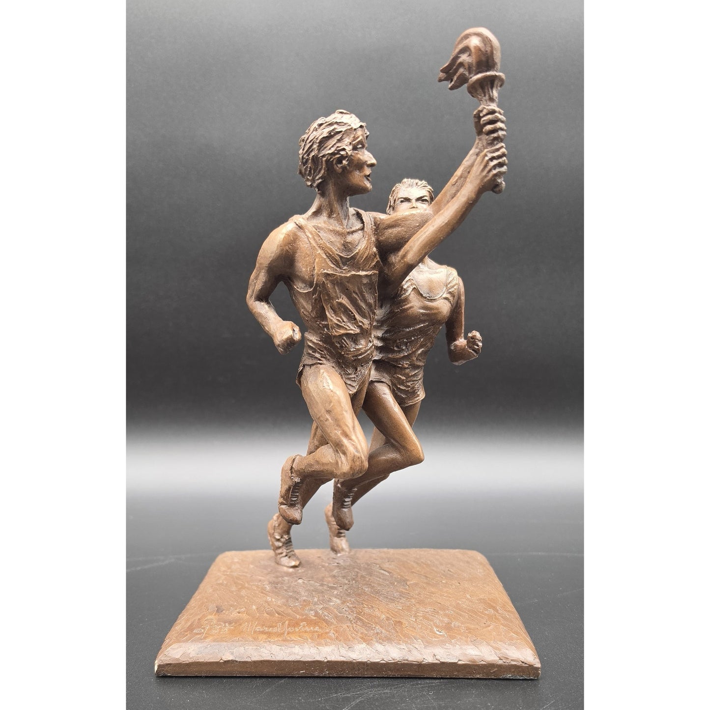 Vintage Bronze Olympic Runners Torch Sculpture 9.75" Signed Marcel Jovine