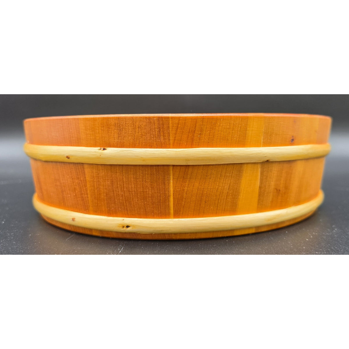 Vintage Japanese Wood Hangiri Sushi Oke Basin Bowl 10" Tray Bamboo Hoops Signed