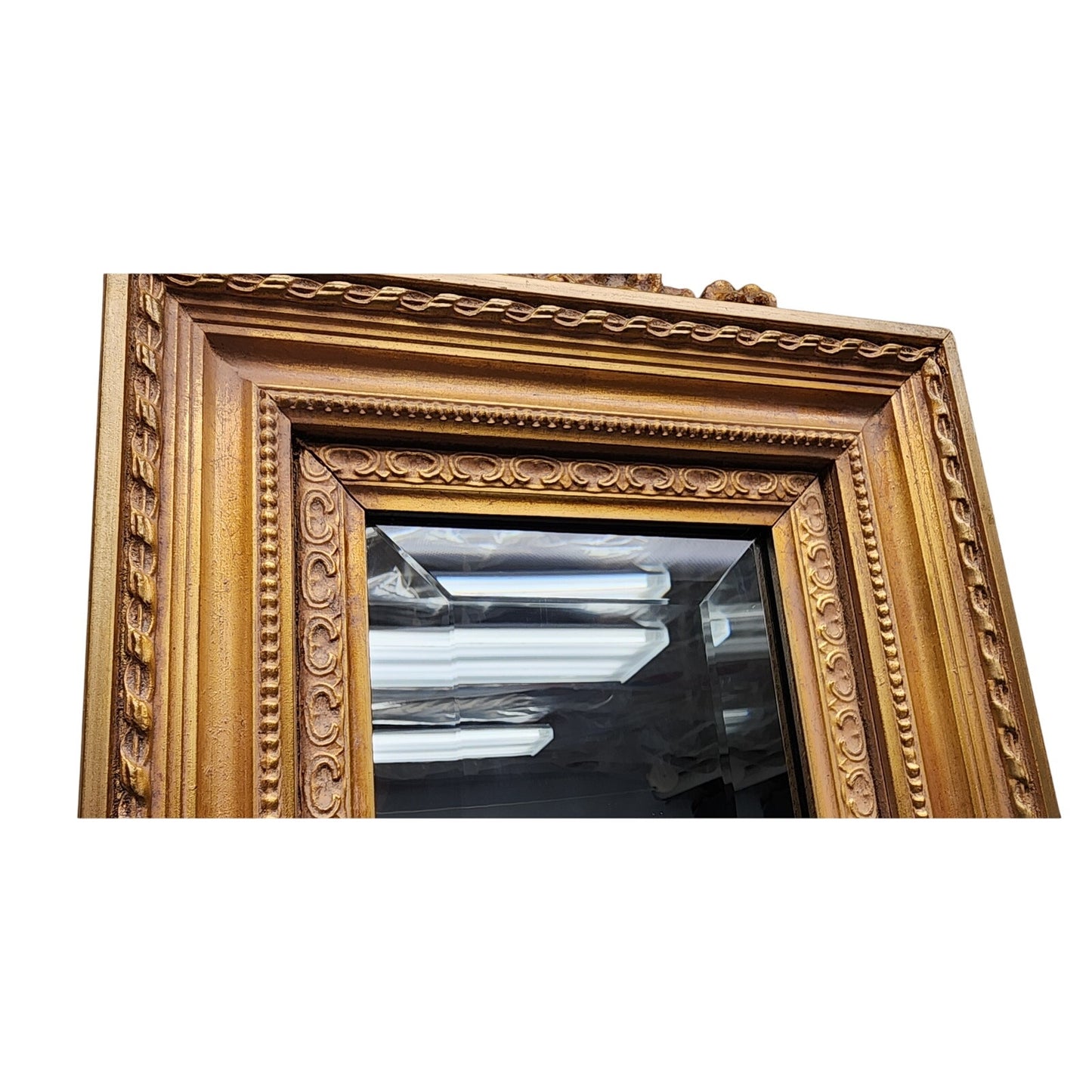 Vintage Beveled Glass Mirror – Ornate Gold Wood Frame, 44” Tall Elegant Design