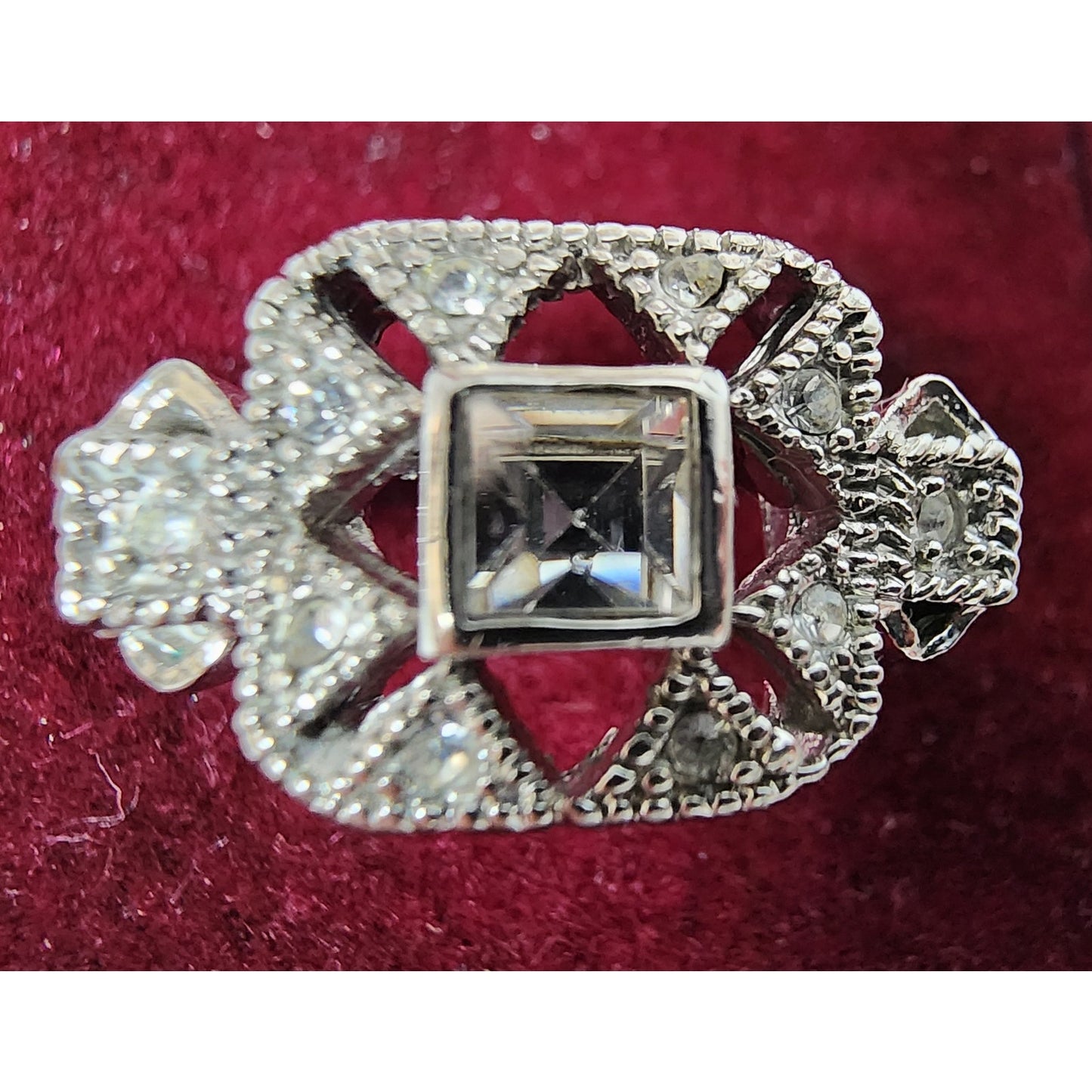 Vintage Silver Ring Size 9.75 w/ Box – Square Cut Clear Stone & Filigree Design