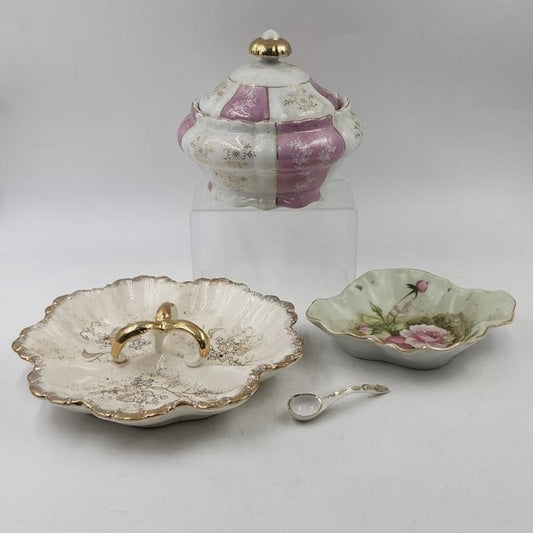 Vintage Lefton China Hand-Painted Trinket Dish; Japanese Server Bowl w/Spoon & a Covered Bowl
