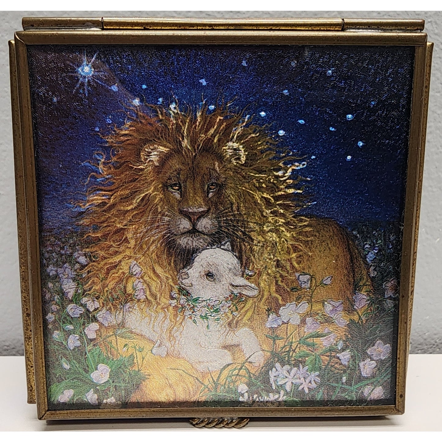 Vintage Lion & Lamb Jewelry Box – Cobalt Glass, Mirror, Via Vermont Mexico 1995