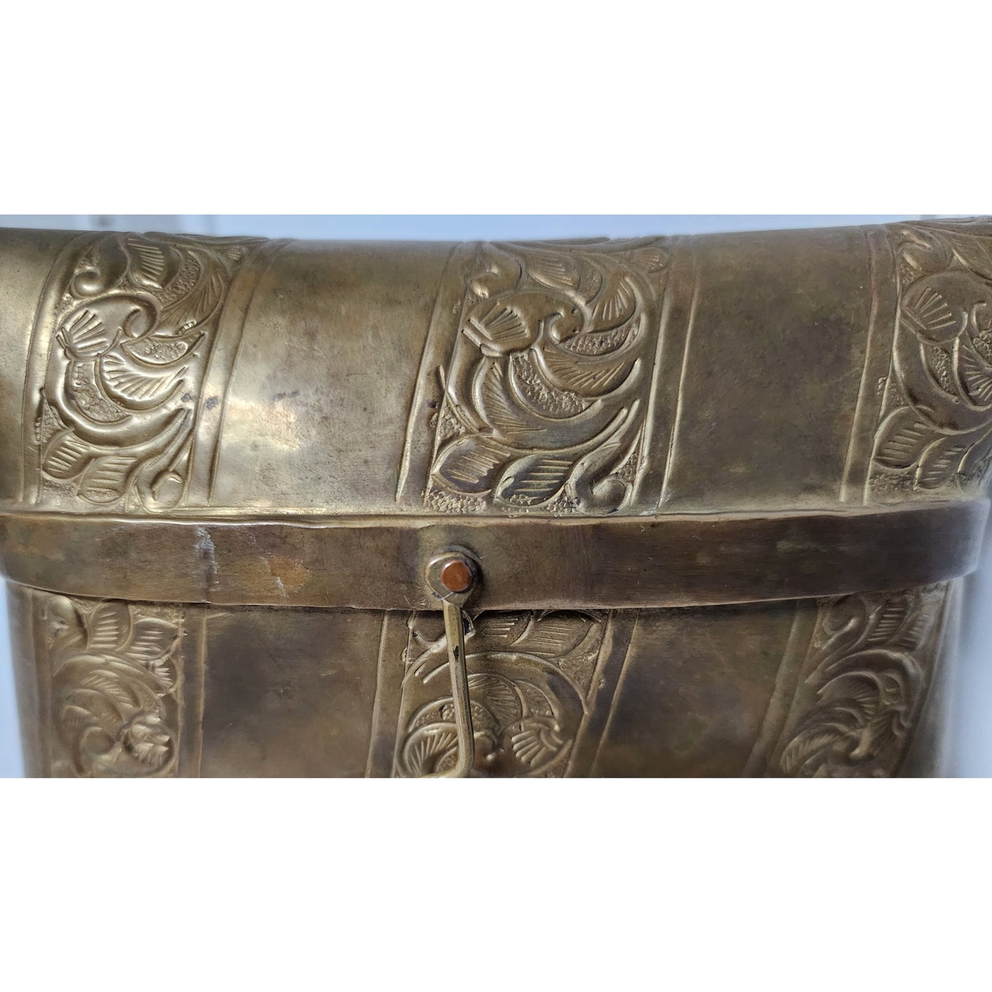 Vintage Brass Pillow Purse w/ Engraved Panels & Purple Velvet Lining