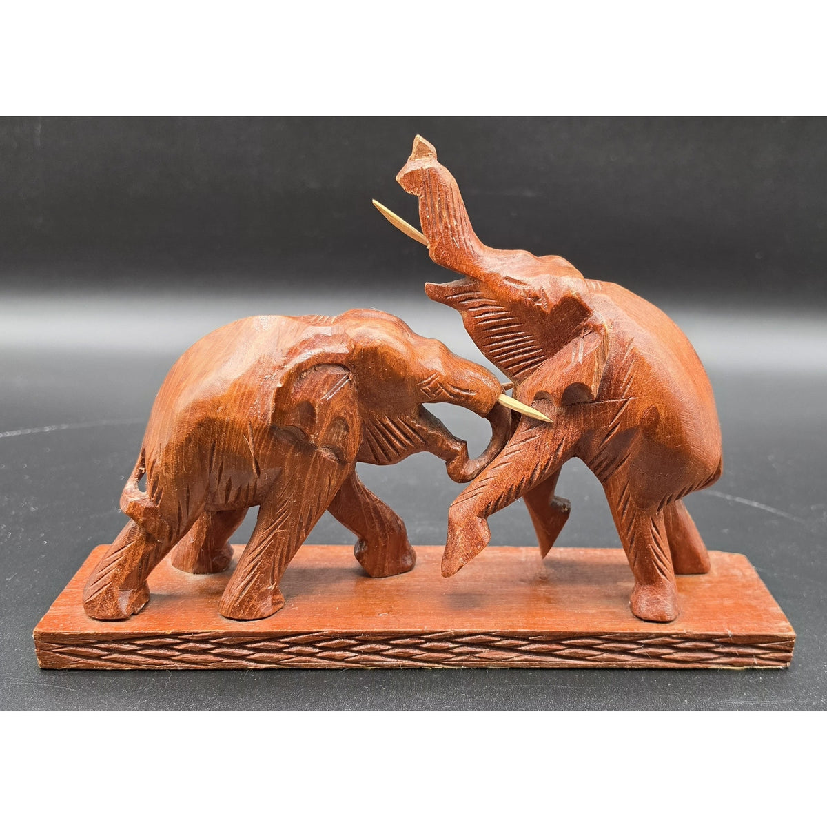 Vintage Hand Carved Wood Elephant Set Wall Hanging Plaque & Mantel Figurine Art