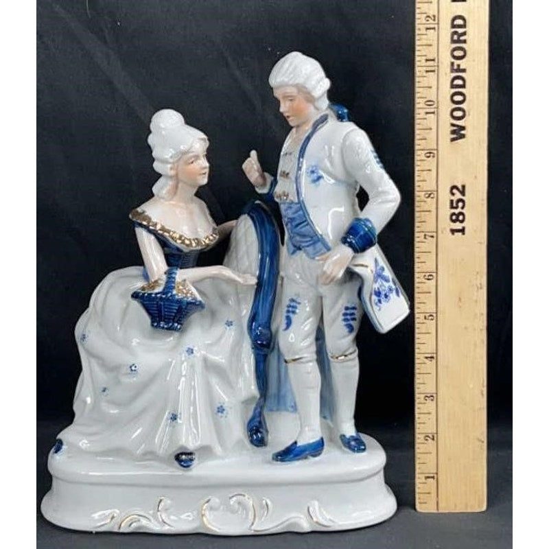 Victorian Style Blue White Porcelain Figurine Couple, Gold Accents, Hand Painted