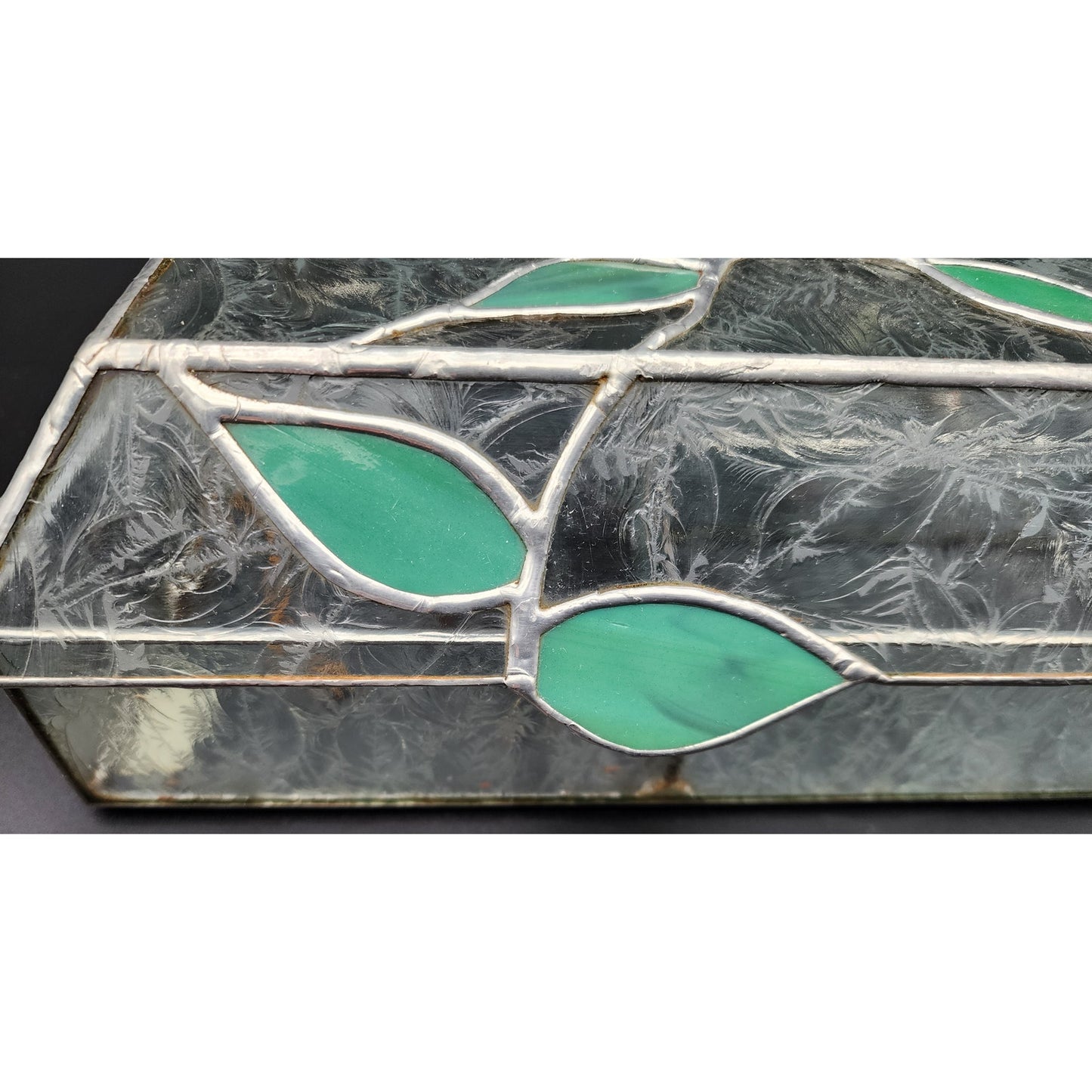 Stained Glass 25th Anniversary Keepsake Box Green Leaves Butterfly 10.75" Heavy