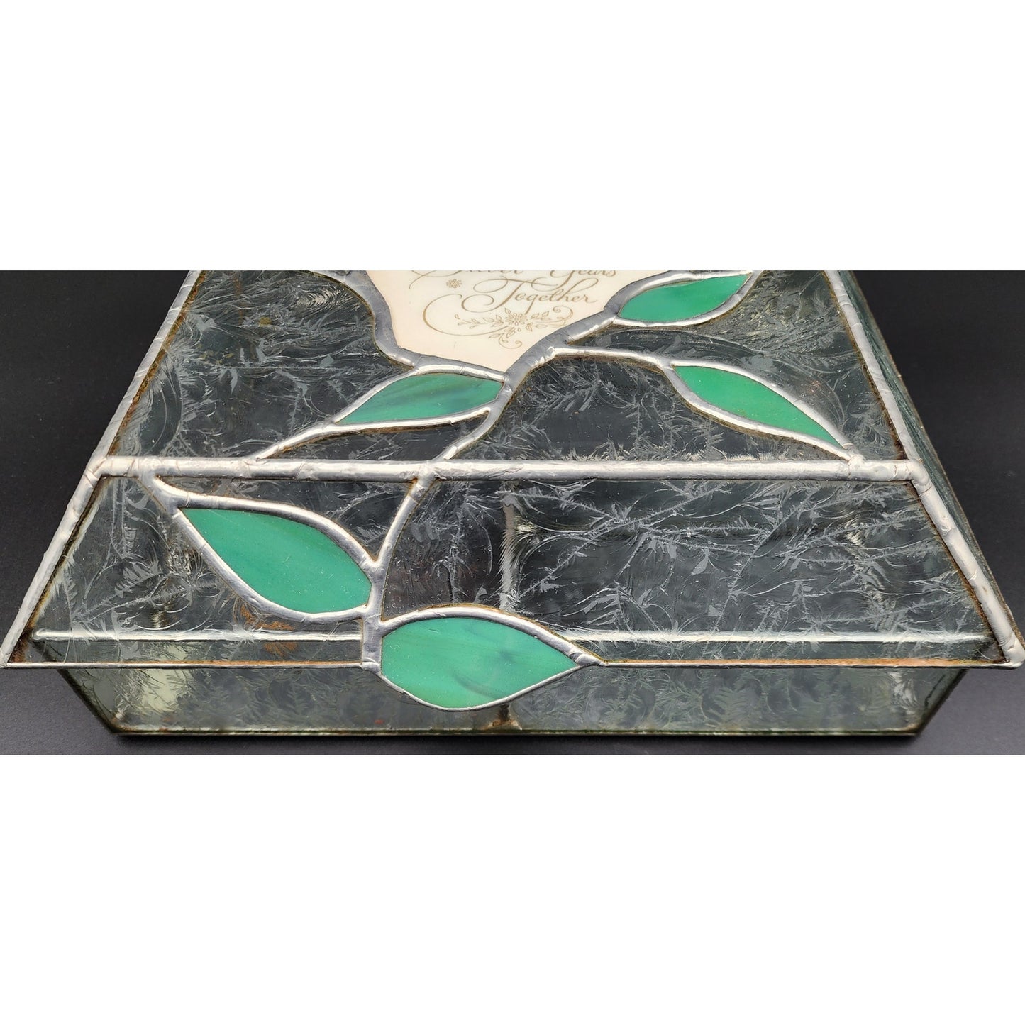 Stained Glass 25th Anniversary Keepsake Box Green Leaves Butterfly 10.75" Heavy