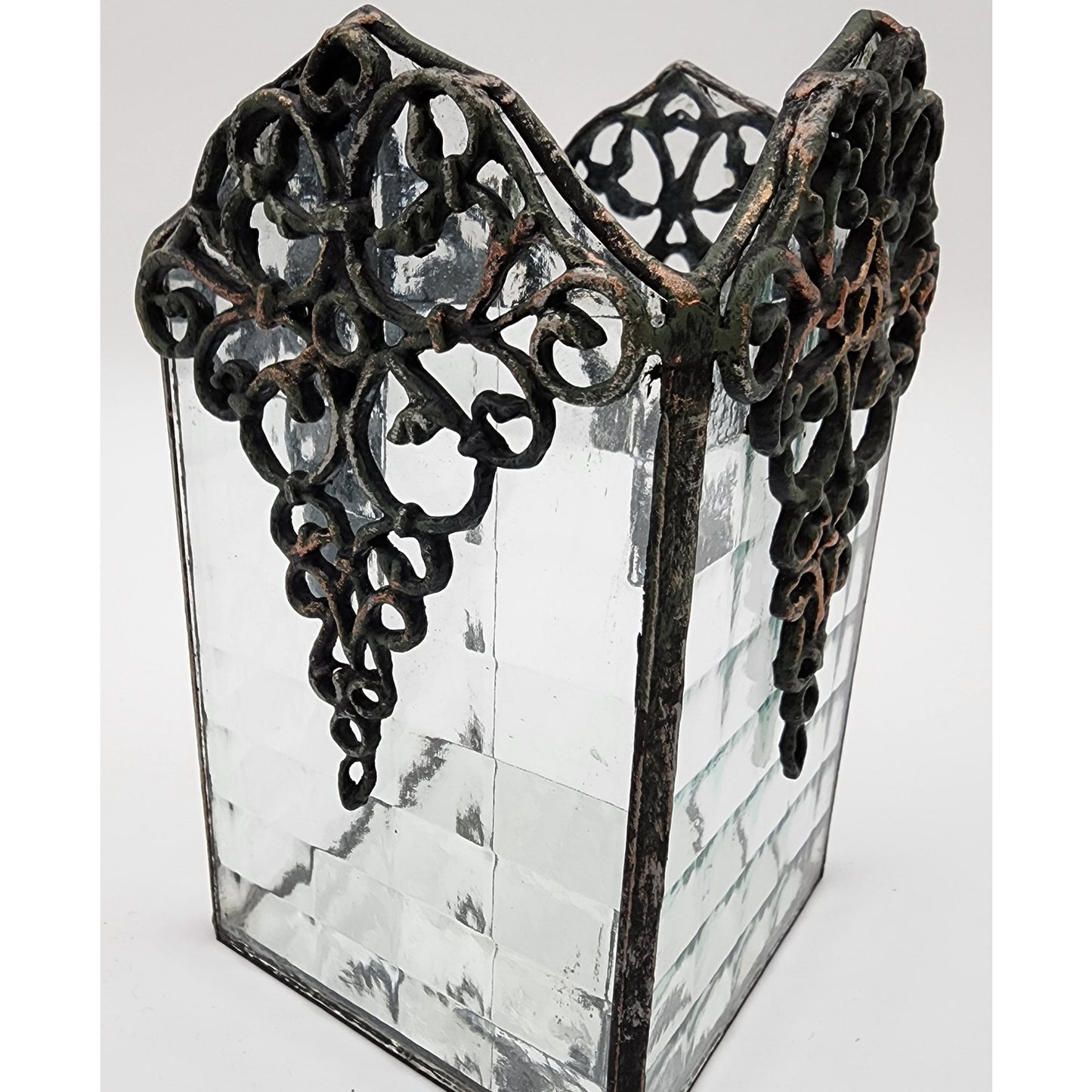 Vintage Brass & Textured Glass Votive Candle Holder w/ Mirrored Base – 6.5" Tall